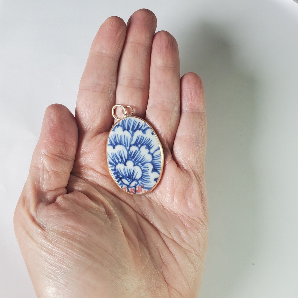 Blue & White Porcelain Floral Oval Pendant Broken‎ China Chinoiserie Jewelry - Picture 5 of 10